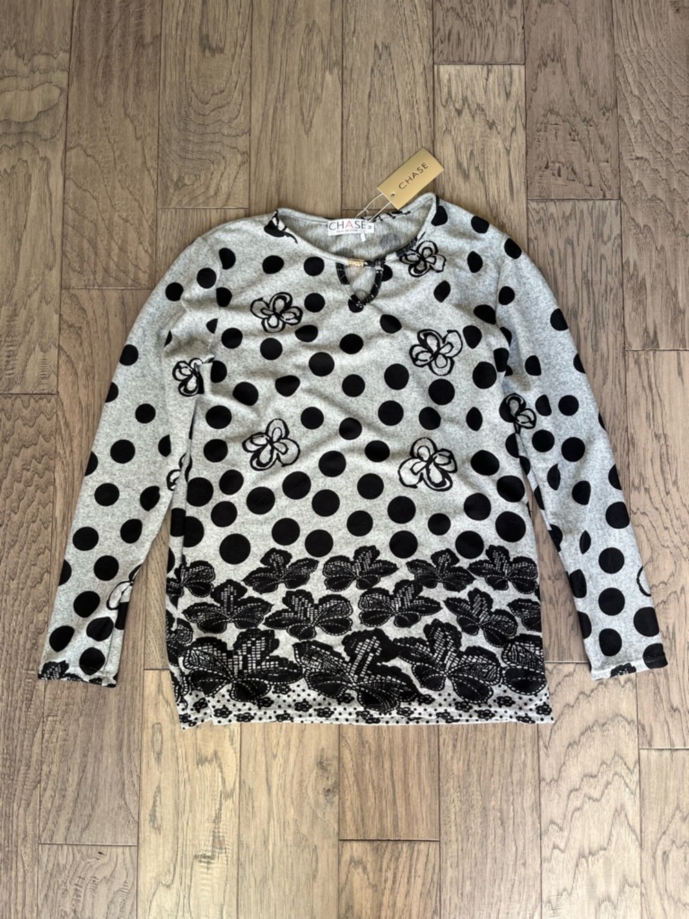 Chase Black Polka Dot & Floral Accent Sweater Size Medium